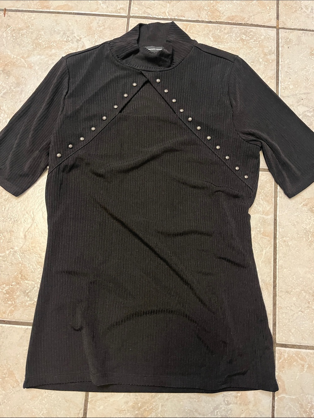 I.N.C Black Mock Neck Studded Short Sleeve Top M NWOT